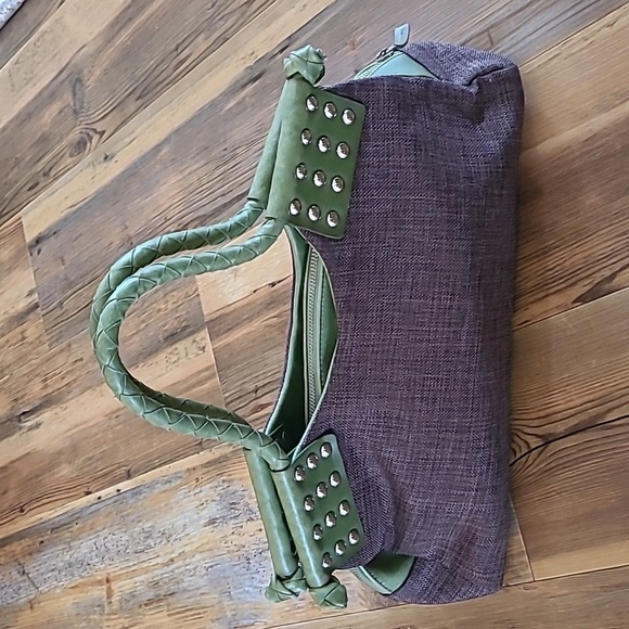 MATT & NAT Brown Canvas Green Vegan Leather Handbag, Metal Stud Detail - Picture 4 of 16
